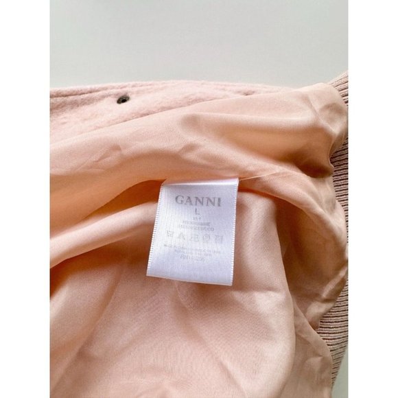 GANNI Inglewood Rose Smoke Pink Furry Wool Blend Varsity Bomber Jacket, Size L - Picture 13 of 15